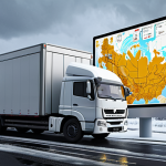 **Optimizing Logistics:** A digital visualization of delivery trucks efficiently navigating a Russian map, highlighting optimized routes and real-time data flow, with icons representing weather conditions and consumer demand. Use a modern, data-driven aesthetic.