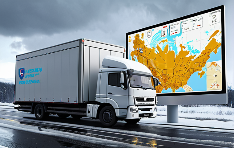 **Optimizing Logistics:** A digital visualization of delivery trucks efficiently navigating a Russian map, highlighting optimized routes and real-time data flow, with icons representing weather conditions and consumer demand. Use a modern, data-driven aesthetic.