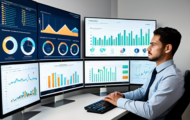 A professional data analyst in a modest business suit, fully clothed, appropriate attire, seated at a modern desk within a clean, high-tech office environment. Large transparent screens surround the analyst, displaying intricate, clear data visualizations, including dynamic charts, graphs, and a fluid representation of a user journey funnel, all in a professional digital aesthetic. The scene is well-lit, emphasizing innovation and insight. safe for work, appropriate content, perfect anatomy, correct proportions, natural pose, well-formed hands, proper finger count, natural body proportions, professional photography, high quality.