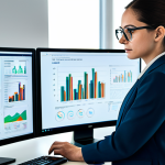** A professional data scientist in a modern, brightly lit office. She is wearing a modest business suit and glasses, analyzing a complex data visualization on a large monitor. The background shows other colleagues working collaboratively. fully clothed, safe for work, perfect anatomy, natural proportions, professional attire, appropriate content.

**