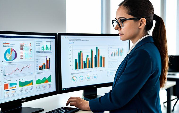 ** A professional data scientist in a modern, brightly lit office. She is wearing a modest business suit and glasses, analyzing a complex data visualization on a large monitor. The background shows other colleagues working collaboratively. fully clothed, safe for work, perfect anatomy, natural proportions, professional attire, appropriate content.

**