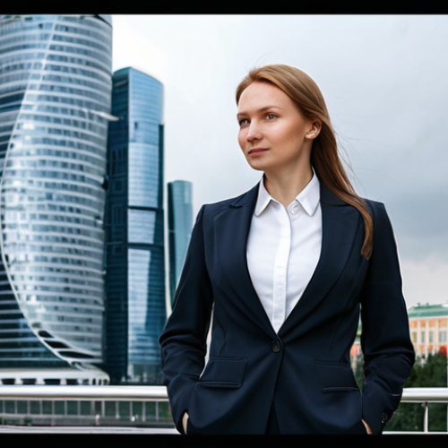 Home 23 **
A professional-looking businesswoman, fully clothed in a smart, tailored business suit, standing confidently in front of the Moscow City business district. The background shows modern architecture with sleek glass buildings and a bright, slightly overcast sky. Safe for work, appropriate content, perfect anatomy, natural proportions, professional, family-friendly, high quality, detailed features.
**
