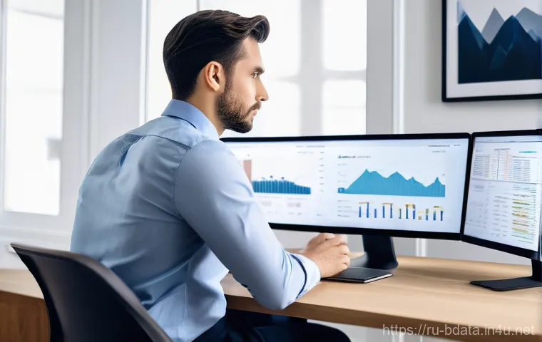 빅데이터 기술자 연봉 협상 전략 - A focused male Big Data specialist, in his early 30s, dressed in a smart business casual outfit (col...