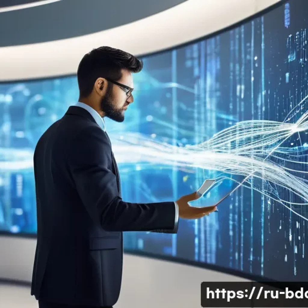 빅데이터 프로젝트 실패 사례와 교훈 - A business executive, a diverse individual in professional attire, stands confidently before a large...