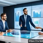 Home 16 빅데이터 프로젝트와 ROI 측정 - A diverse team of business professionals and data analysts are gathered around a large, interactive ...