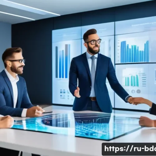 Home 28 빅데이터 프로젝트와 ROI 측정 - A diverse team of business professionals and data analysts are gathered around a large, interactive ...