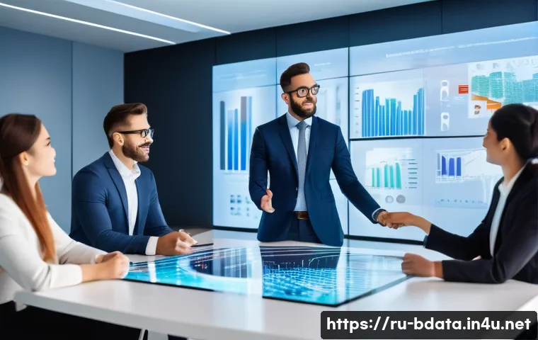 빅데이터 프로젝트와 ROI 측정 - A diverse team of business professionals and data analysts are gathered around a large, interactive ...