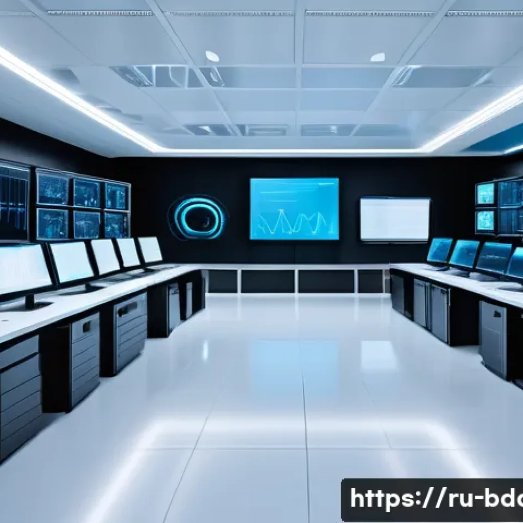 빅데이터 기술자와 다양한 산업별 데이터 분석 - A modern data center control room filled with multiple large screens displaying real-time big data a...