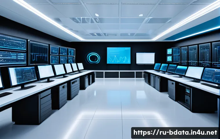 빅데이터 기술자와 다양한 산업별 데이터 분석 - A modern data center control room filled with multiple large screens displaying real-time big data a...