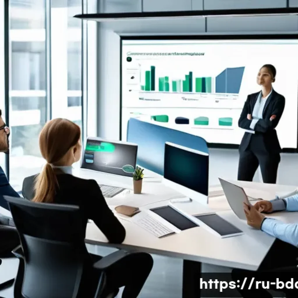 빅데이터 실무에서 중요하게 여겨지는 소프트 스킬 - A modern office scene showing a diverse team of data professionals collaborating around a large digi...