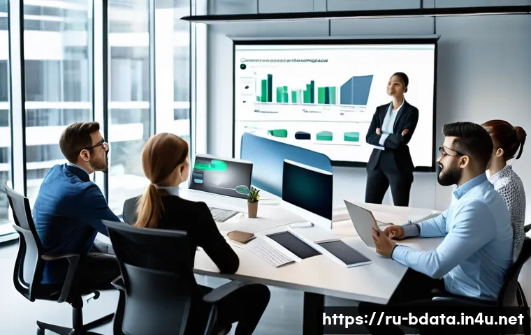 빅데이터 실무에서 중요하게 여겨지는 소프트 스킬 - A modern office scene showing a diverse team of data professionals collaborating around a large digi...
