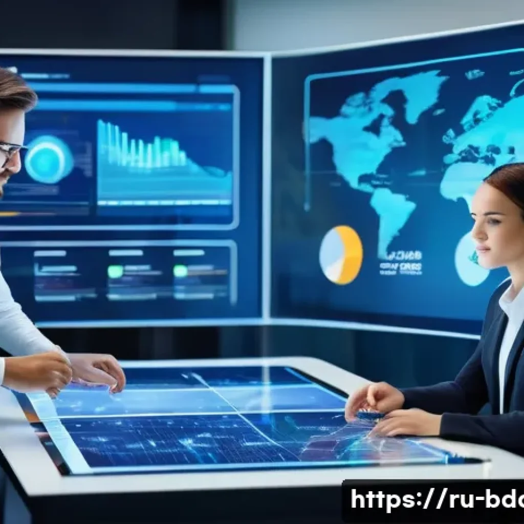 빅데이터 기술자와 로봇 프로세스 자동화 - A modern corporate office scene depicting diverse business analysts collaborating around a large dig...