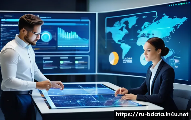 빅데이터 기술자와 로봇 프로세스 자동화 - A modern corporate office scene depicting diverse business analysts collaborating around a large dig...