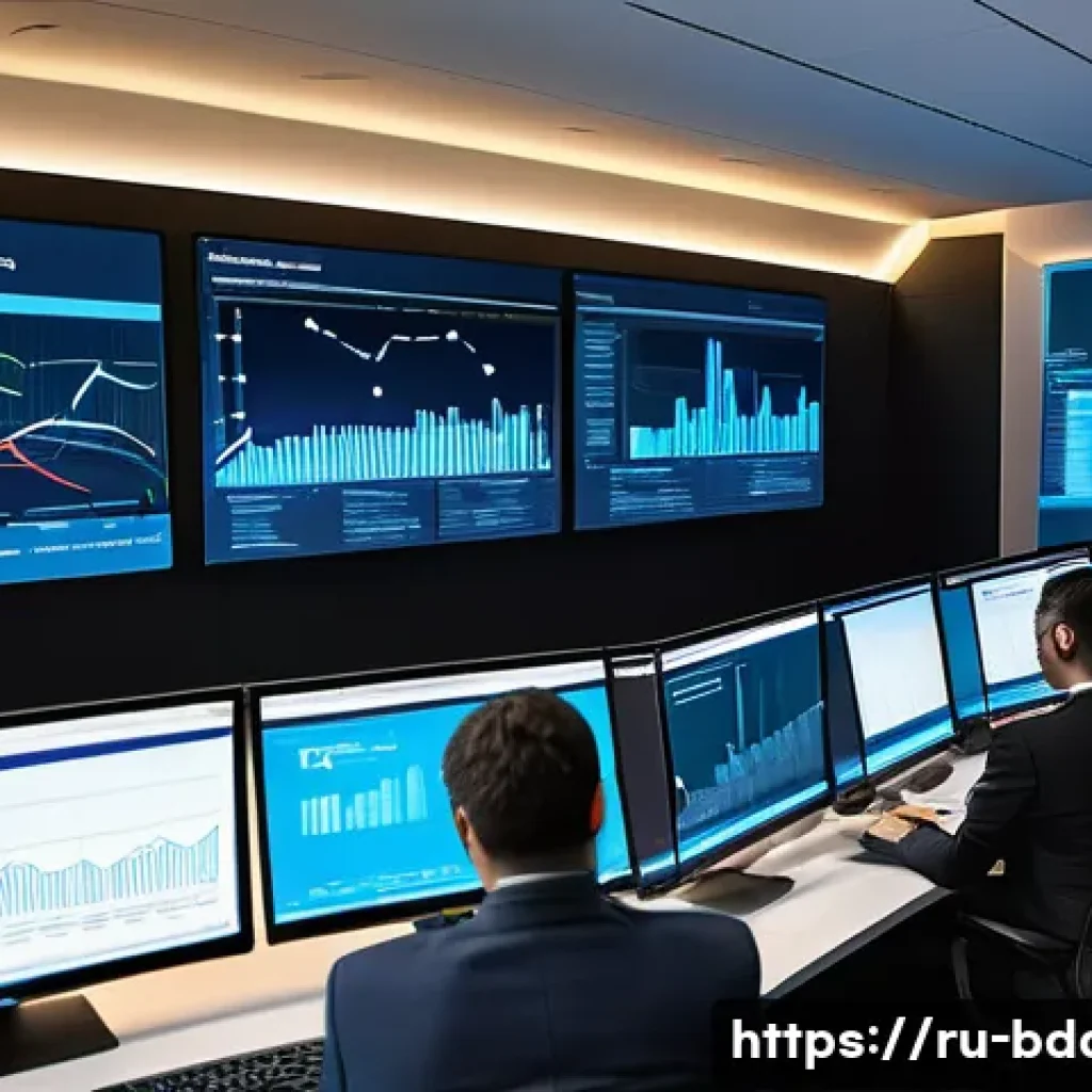 빅데이터 실무 경험담 - A high-tech data processing center interior, featuring a large wall of monitors displaying real-time...