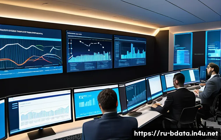 빅데이터 실무 경험담 - A high-tech data processing center interior, featuring a large wall of monitors displaying real-time...
