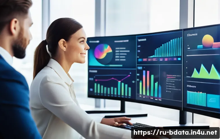 빅데이터와 고객 경험 분석 성공 사례 - A modern retail office environment with a diverse team of professionals analyzing big data on multip...