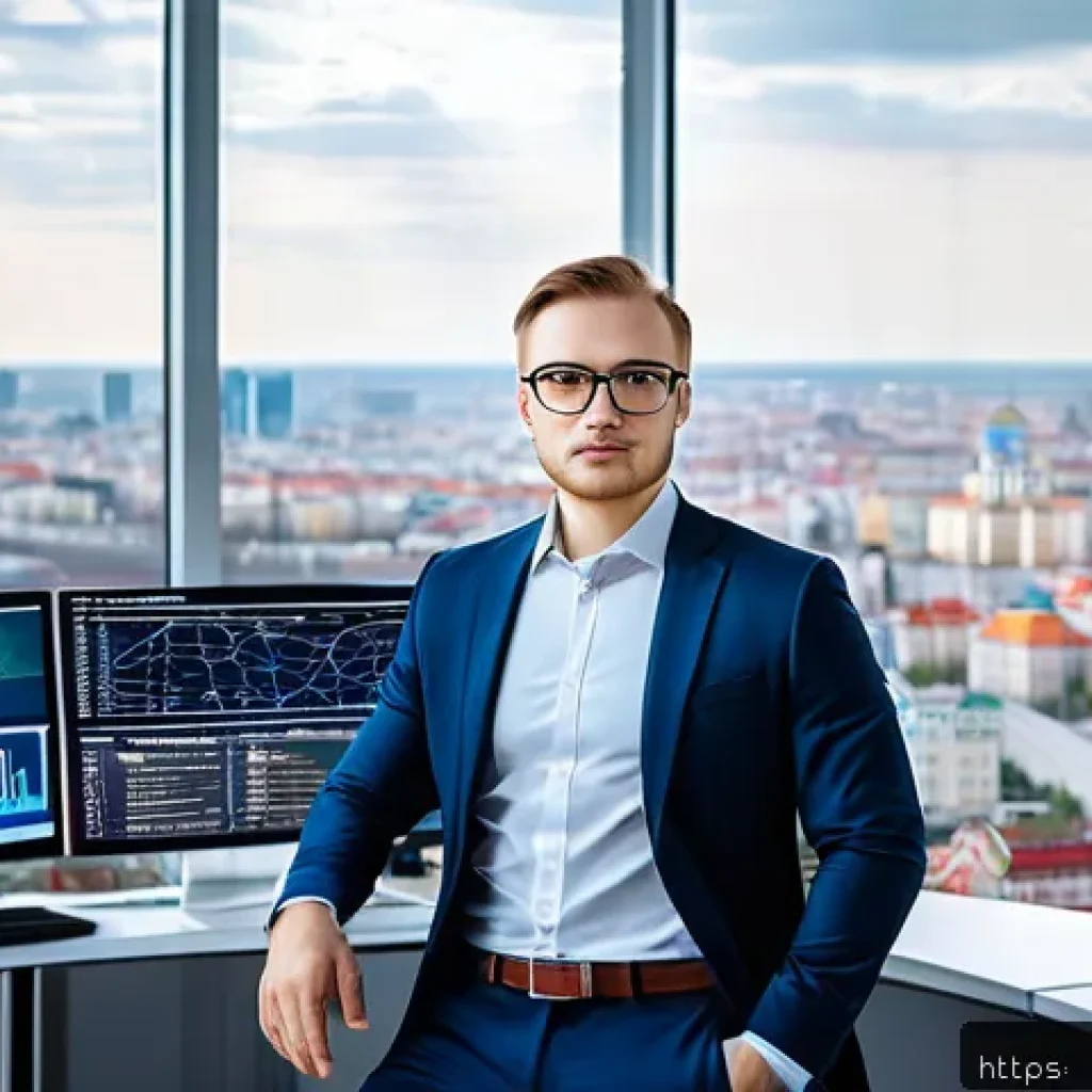 빅데이터 기술자 직업 전망 - A professional Russian data analyst in a modern office environment, wearing business casual attire a...