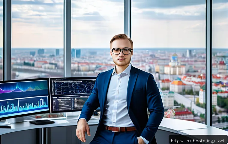 빅데이터 기술자 직업 전망 - A professional Russian data analyst in a modern office environment, wearing business casual attire a...