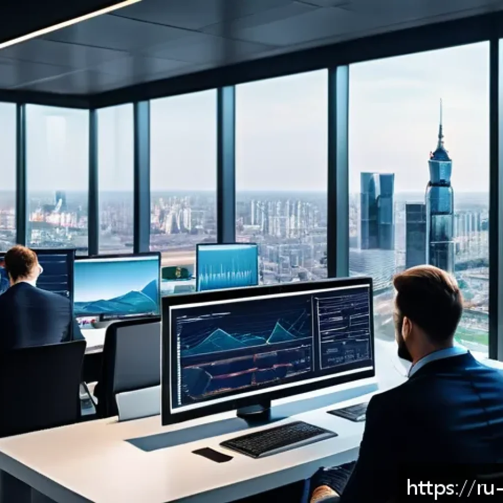 빅데이터 기술자와 산업별 기술 적용 사례 - A modern business office scene showing diverse professionals analyzing big data on multiple large di...