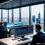 Home 22 빅데이터 기술자와 산업별 기술 적용 사례 - A modern business office scene showing diverse professionals analyzing big data on multiple large di...