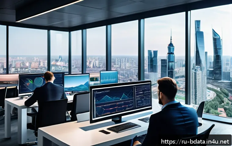 빅데이터 기술자와 산업별 기술 적용 사례 - A modern business office scene showing diverse professionals analyzing big data on multiple large di...