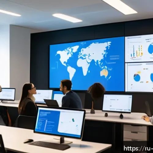 Home 33 빅데이터 기술자 해외 취업 가이드 - A modern international office setting with a diverse team of professionals collaborating on Big Data...