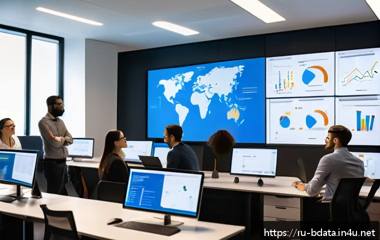 빅데이터 기술자 해외 취업 가이드 - A modern international office setting with a diverse team of professionals collaborating on Big Data...