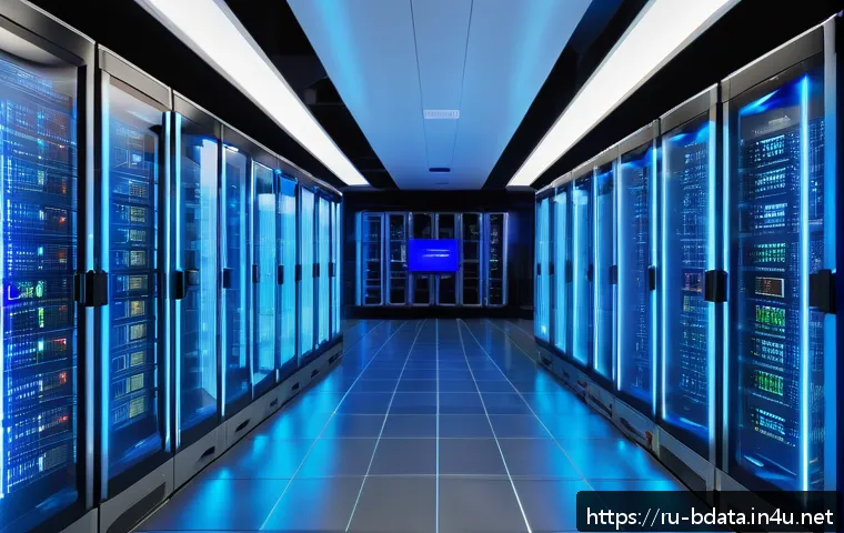 빅데이터 실무에서 데이터 검색 최적화 - A high-tech data center interior with rows of servers and glowing LED indicators, showcasing a compl...