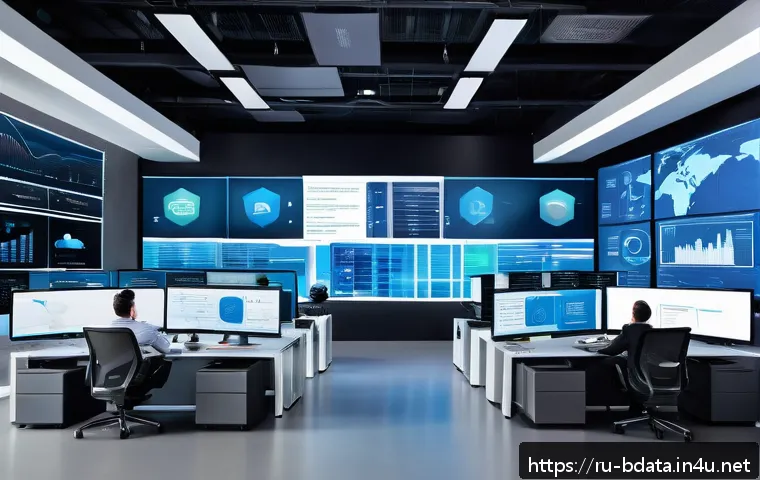 빅데이터 실무에서 로컬 및 클라우드 데이터 활용 - A modern hybrid data infrastructure control room showcasing a sleek office environment with diverse ...