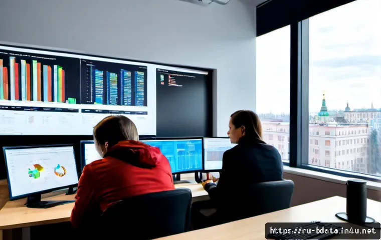 빅데이터 실무에서 직면한 도전과 해결 방법 - Photorealistic modern data analytics office in Moscow, diverse Russian data team collaborating aroun...