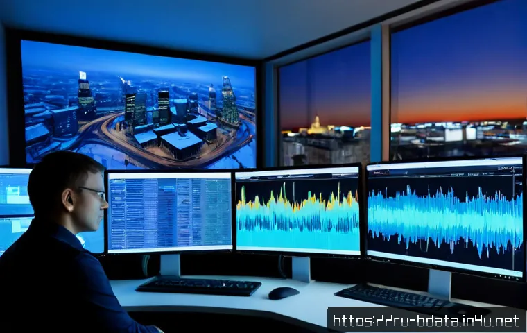 Home 17 빅데이터 실무에서의 스트리밍 데이터 처리 - Photorealistic modern data operations center in Moscow, a Russian data engineer monitoring live stre...