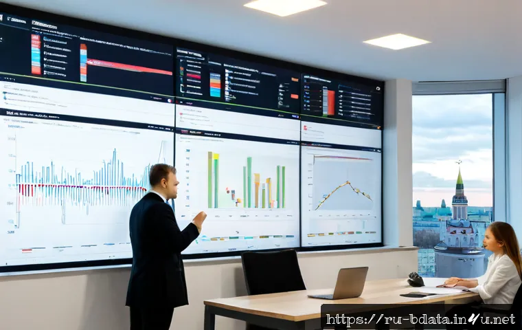 Home 17 빅데이터 실무에서 데이터 통합 성공 사례 - Photorealistic modern Russian business office, diverse data integration team reviewing a large wall-...